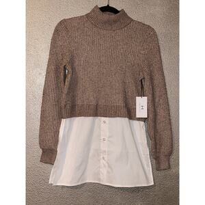 H Halston Baddie Lageblook Tan & White  Layered  Crop Sweater  Faux Under Shirt